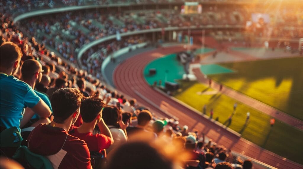 Crowd Of Spectators Watching A Sports Event In A Stadium At Sunset, With Athletes On The Track And An Event Car Parked Nearby.