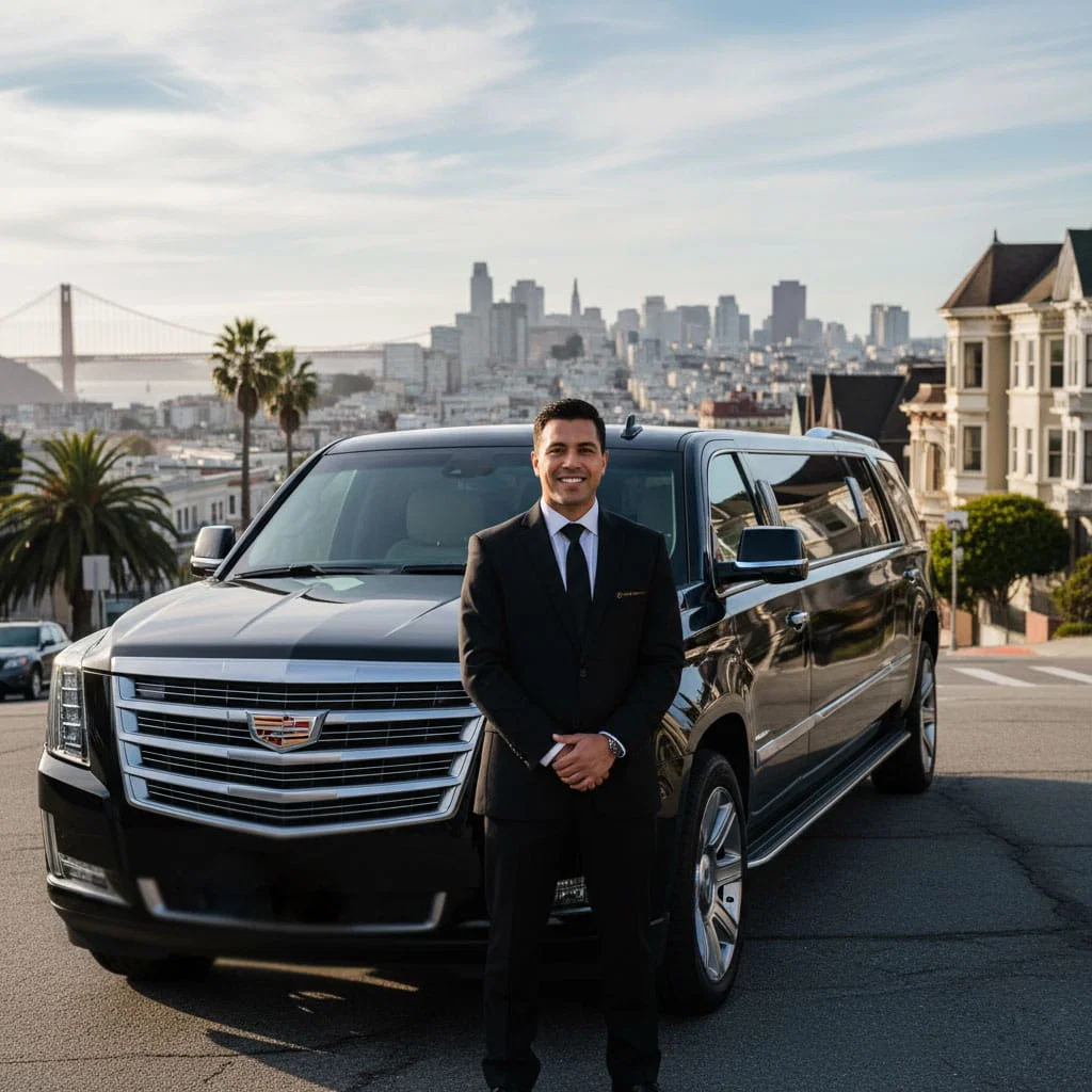 A Chauffeur In A Suit Stands In Front Of A Black Luxury Suv, Ready To Provide Premium Limousine Service, With A City Skyline In The Background.