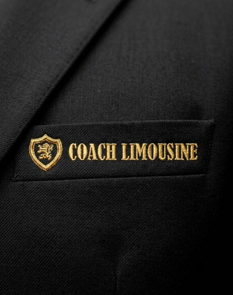 Black Suit Jacket With A Pocket Patch Reading &Quot;Coach Limousine&Quot; In Gold Letters Next To A Gold Shield Emblem—Perfect For Any Limousine Company Or Transport Agency Professional.