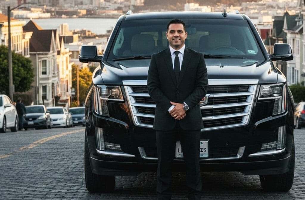 A man in a suit stands in front of a black SUV with the San Francisco skyline in the background.